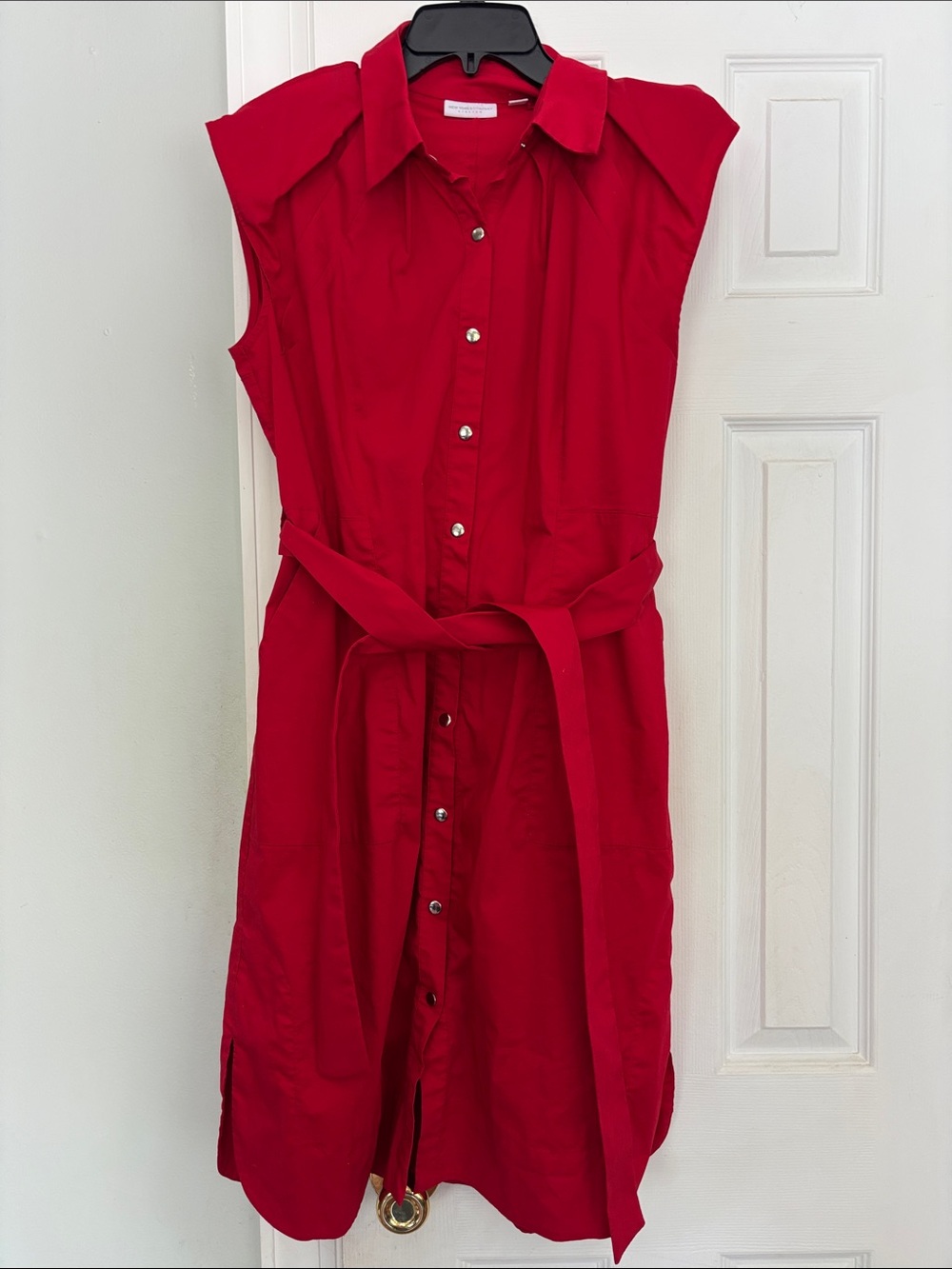 New York & Company Red Sleeveless Shirt Midi Dress with Waist Tie